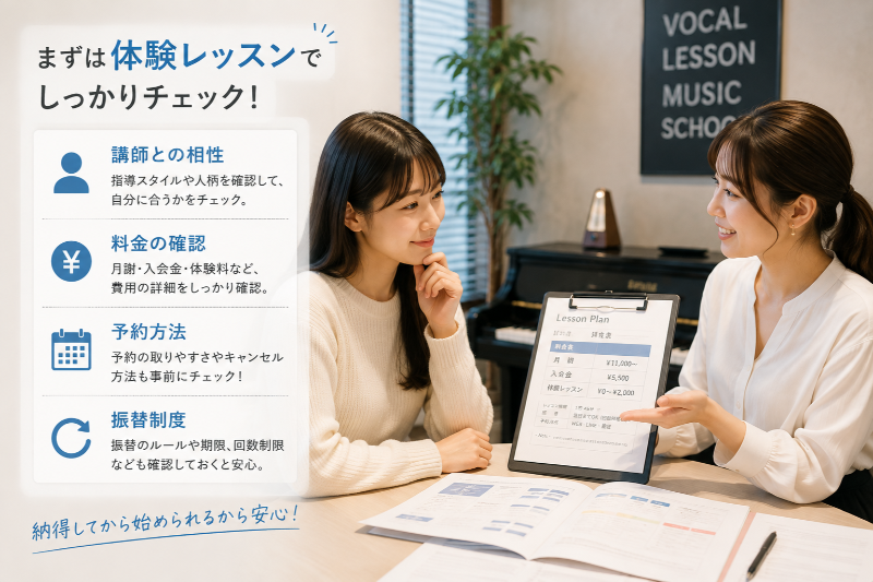 ソウルクリエイトミュージックの体験レッスンで講師・料金・予約・振替を確認する様子